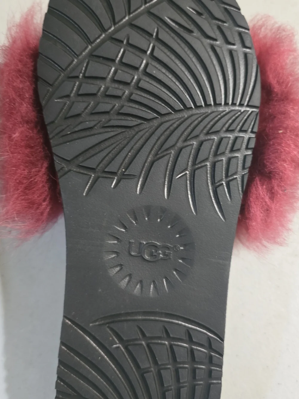 UGG Women's Black Slide Sandals with Burgundy Faux Fur Strap